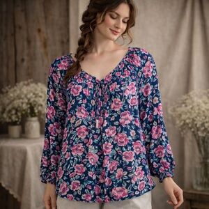 LC Lauren Conrad Floral Print‎ Sheer Button Down Blouse Size Small Multicolored